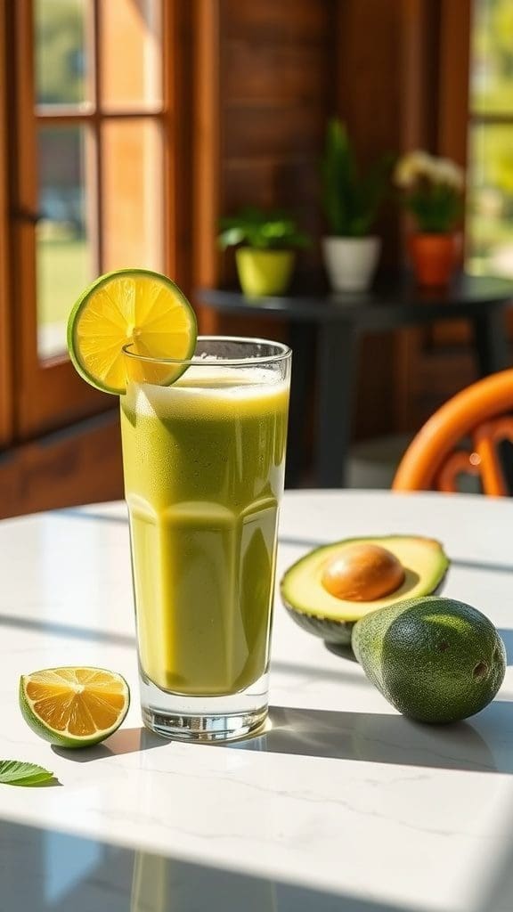 A refreshing avocado lime smoothie in a glass with lime slices and avocados on a table