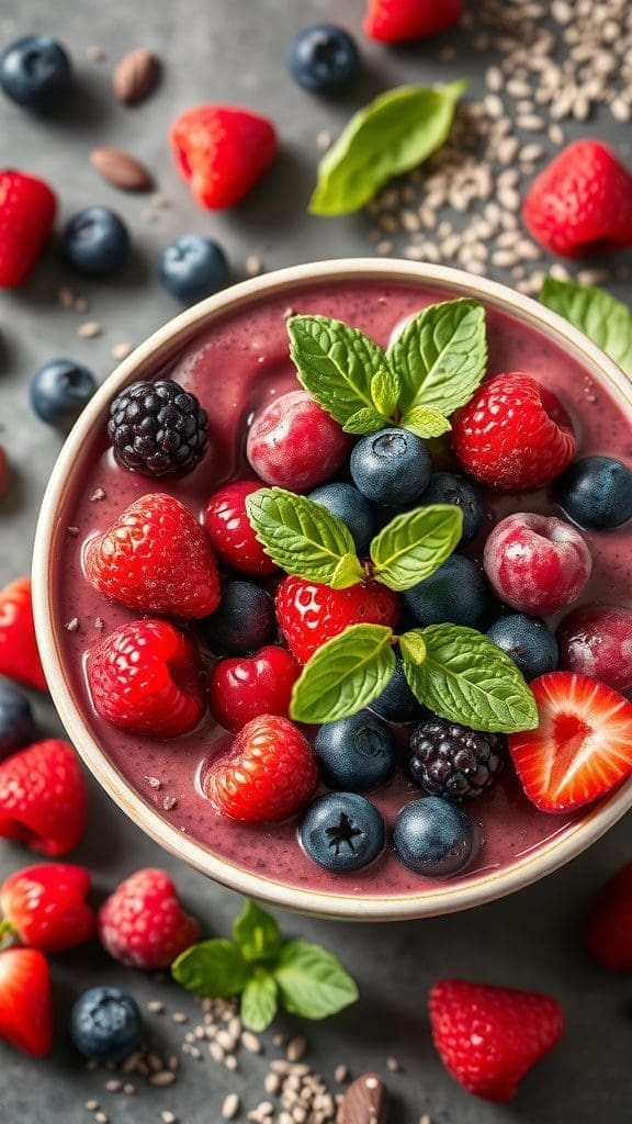 A Berry Bliss Smoothie Bowl topped with fresh berries and mint leaves.