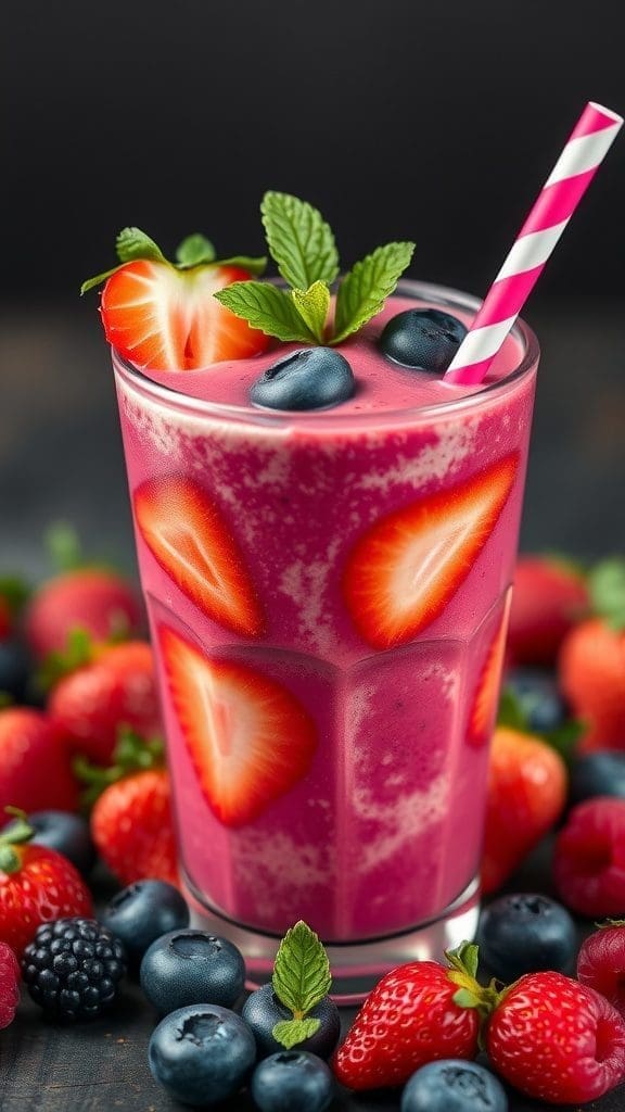 A colorful berry smoothie topped with a strawberry and surrounded by fresh strawberries, blueberries, and raspberries.