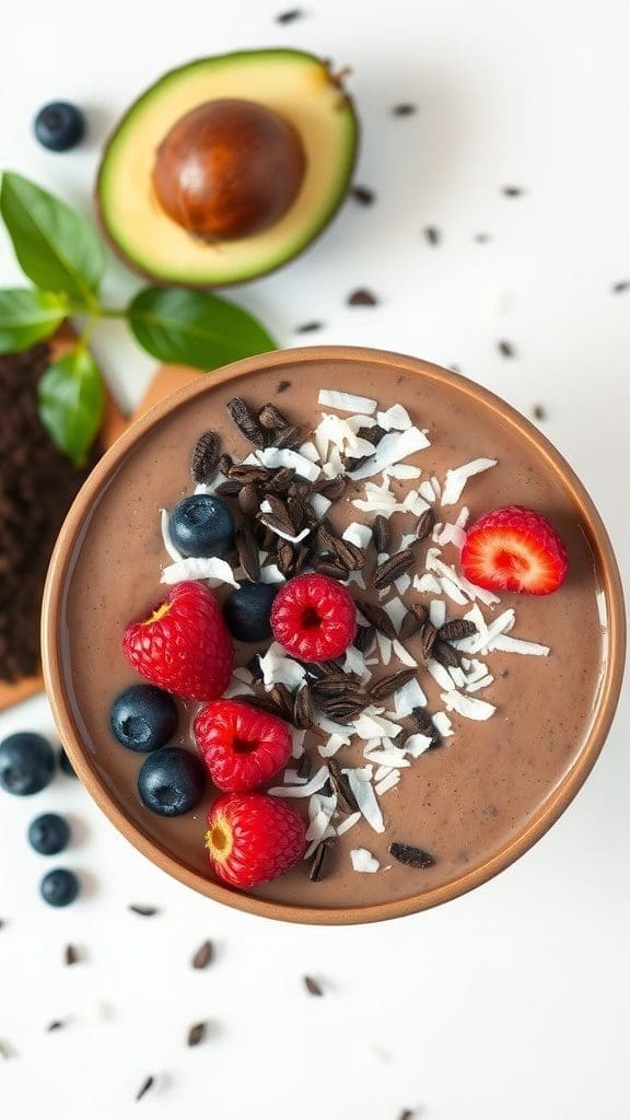 A delicious cacao avocado smoothie bowl topped with fruits and coconut flakes