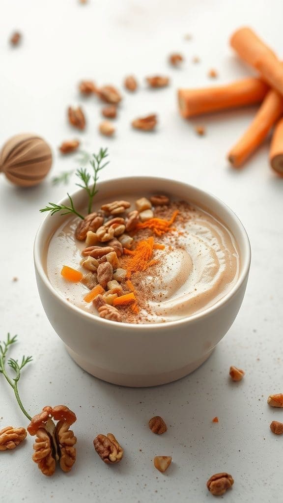 A bowl of carrot cake smoothie topped with walnuts and coconut.