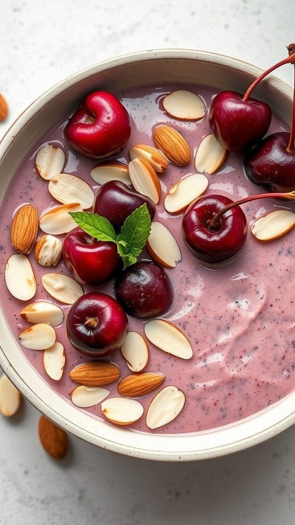 A delicious Cherry Almond Smoothie Bowl topped with fresh cherries and sliced almonds.