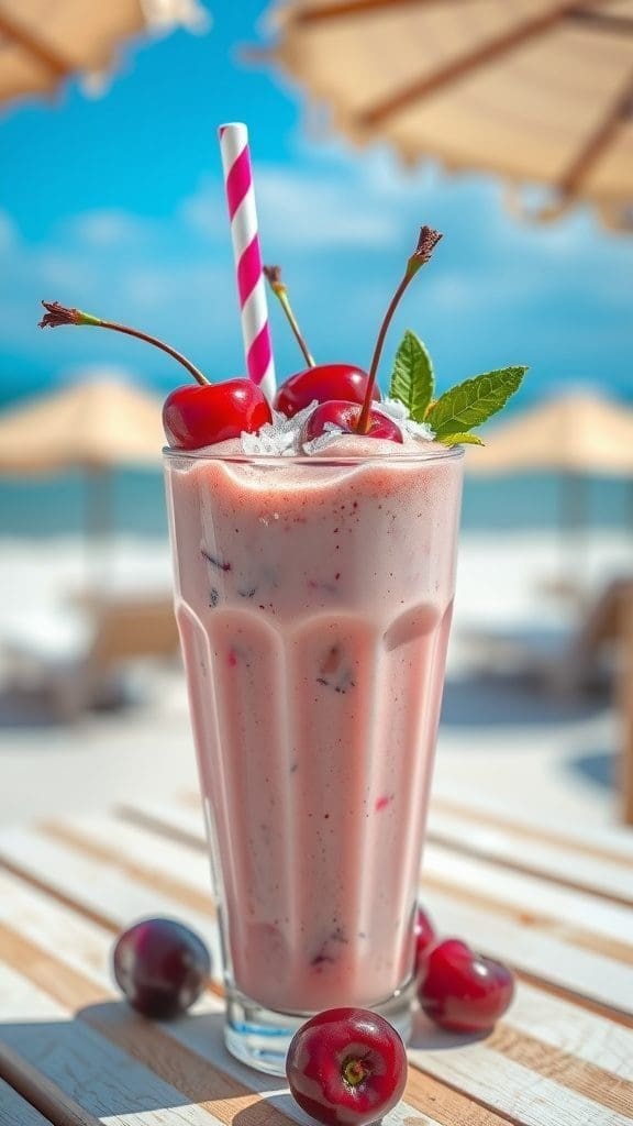 A delicious cherry coconut smoothie in a tall glass with a straw.