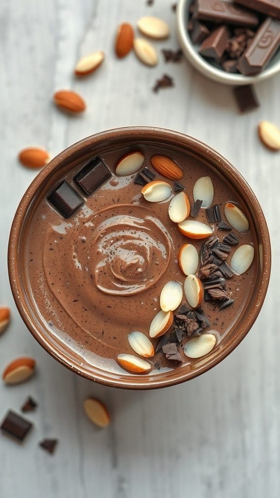 A delicious chocolate almond smoothie bowl topped with almonds and dark chocolate shavings.