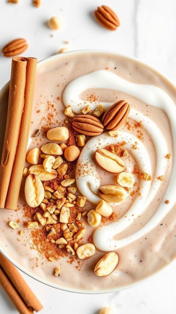 A delicious Cinnamon Roll Smoothie Bowl topped with nuts, whipped cream, and a cinnamon stick.