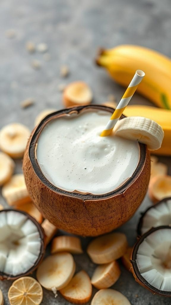 A creamy Coconut Banana Bliss smoothie served in a coconut shell with banana slices and shredded coconut.