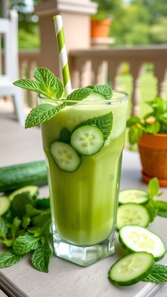 A refreshing cucumber mint cooler with slices of cucumber and mint leaves on top.