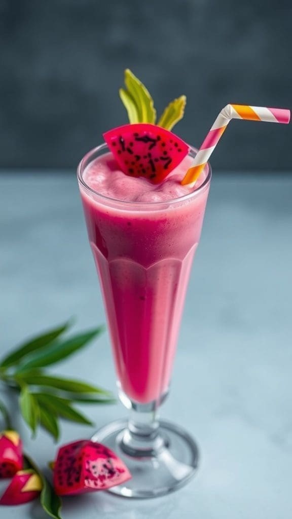 A vibrant dragon fruit smoothie in a glass, garnished with a slice of dragon fruit on the rim.