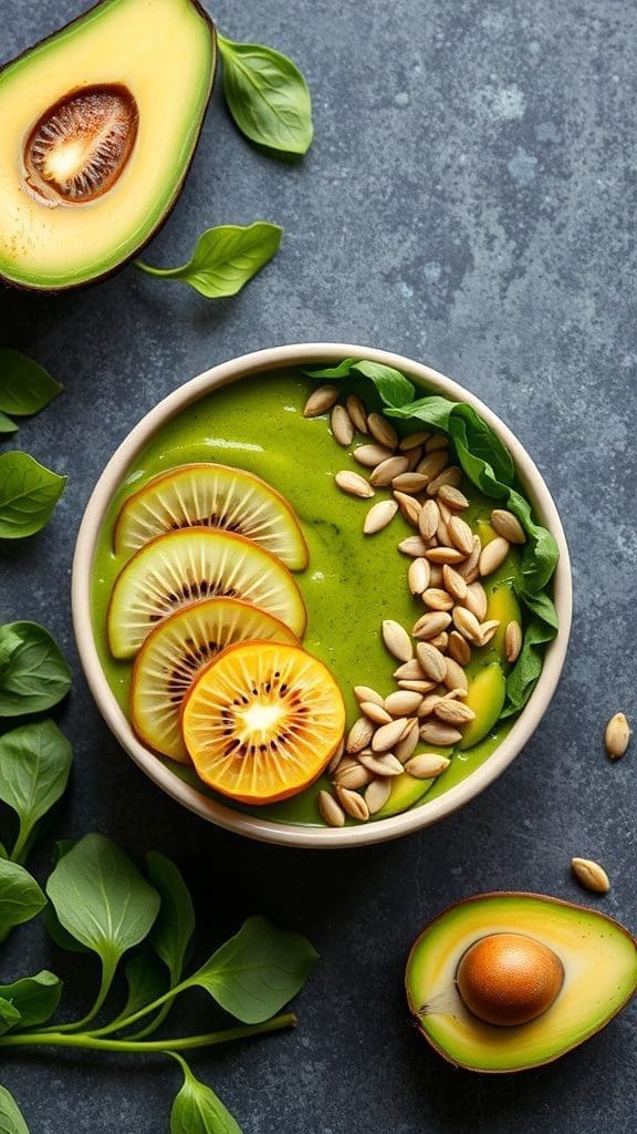 A green detox smoothie bowl topped with slices of fruit and seeds