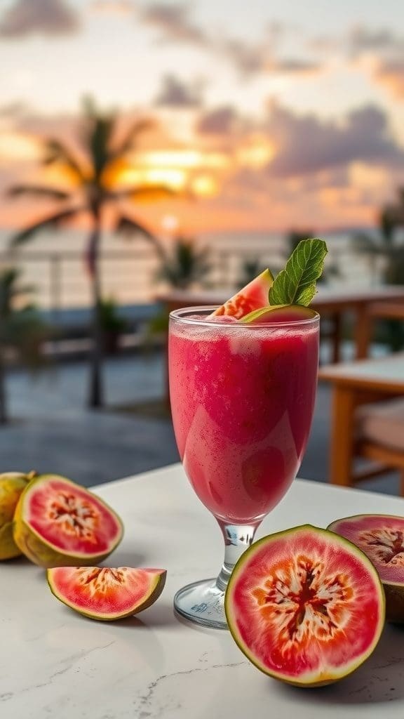 A vibrant guava smoothie garnished with mint leaves, surrounded by fresh guava slices.