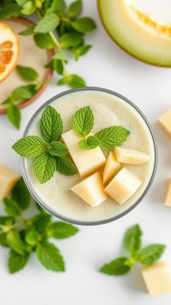 Honeydew Mint Smoothie Bowl with mint leaves and honeydew pieces on top