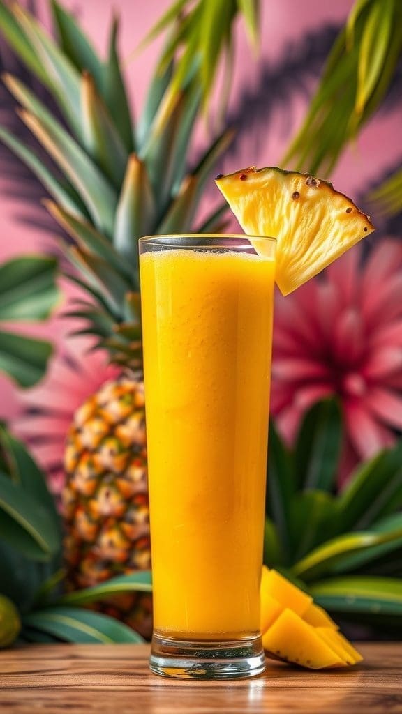 A refreshing Mango Pineapple Paradise smoothie in a tall glass with a slice of pineapple on the rim.