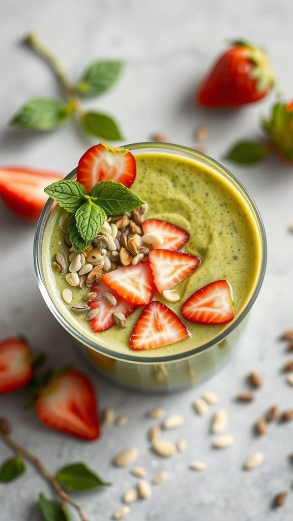 A vibrant matcha green tea smoothie bowl topped with fresh strawberries and seeds.