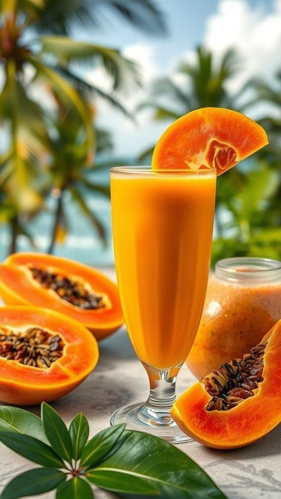 A refreshing papaya mango smoothie in a tall glass with fresh papaya slices beside it.