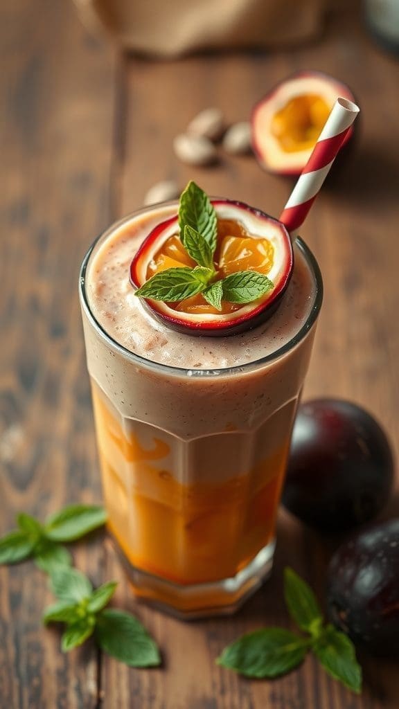 Tropical Passion Fruit smoothie in a glass, garnished with mint leaves