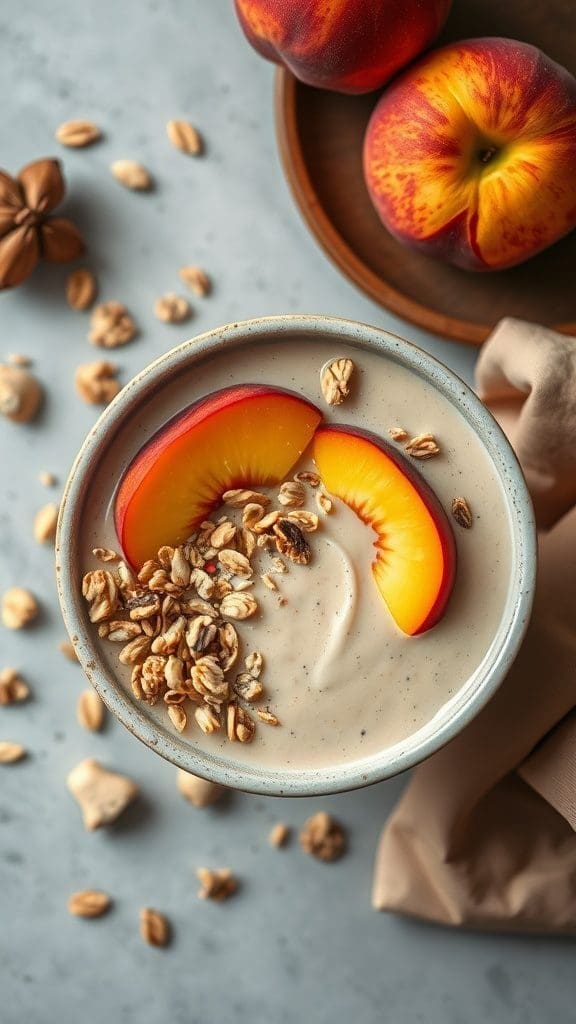 A peach ginger smoothie bowl topped with granola and fresh peach slices.