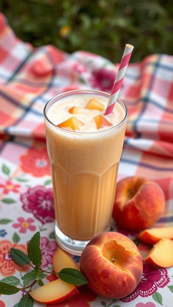 A refreshing Peach Mango Twist smoothie garnished with peach slices and mint, served in a glass with a straw.