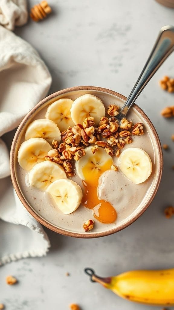 Peanut Butter Banana Smoothie Bowl topped with banana slices and granola