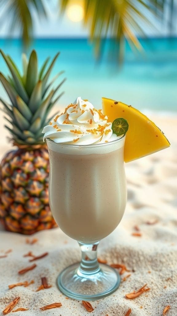 A delicious Pineapple Coconut Cream smoothie topped with whipped cream and shredded coconut