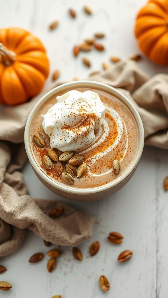 A pumpkin spice smoothie bowl garnished with whipped cream and pumpkin seeds.