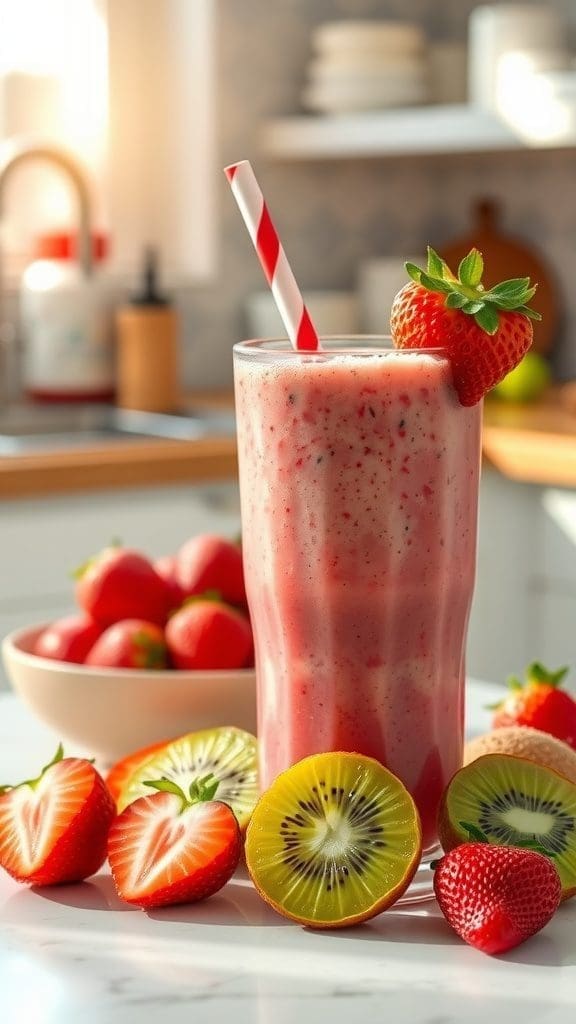 A refreshing strawberry kiwi smoothie with fresh fruit garnishes.