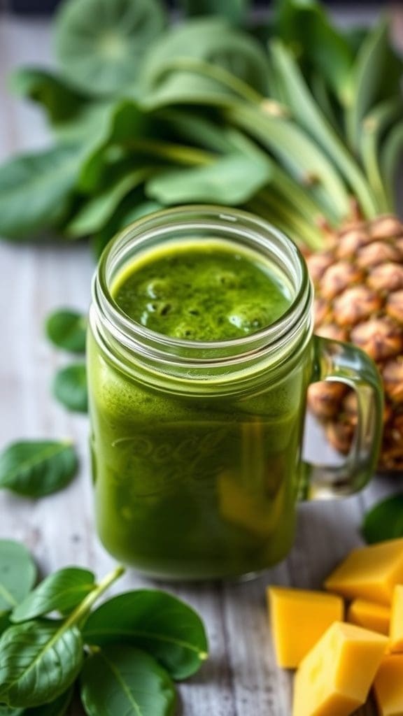A vibrant green smoothie in a mason jar, garnished with a striped straw, surrounded by tropical fruits.