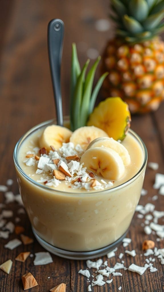 A delicious tropical smoothie bowl topped with banana slices, coconut flakes, and nuts.