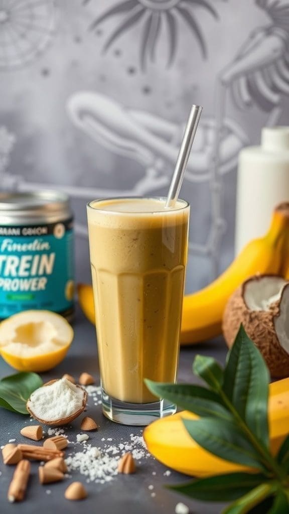 A delicious tropical smoothie made with banana, coconut milk, and protein powder.