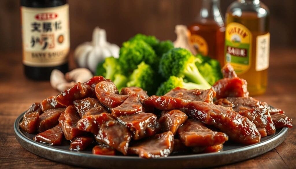 A beautifully lit still life of the key ingredients for a delectable beef and broccoli stir-fry. In the foreground, tender slices of marinated beef, glistening with a savory sauce. In the middle ground, vibrant green broccoli florets, freshly chopped. In the background, a selection of aromatic seasonings - soy sauce, garlic, ginger, and sesame oil - arranged neatly on a wooden surface. Soft, diffused lighting from the side casts warm shadows, highlighting the textures and colors of the ingredients. The composition is balanced and visually appealing, conveying the nutritional benefits and culinary appeal of this classic Asian dish.