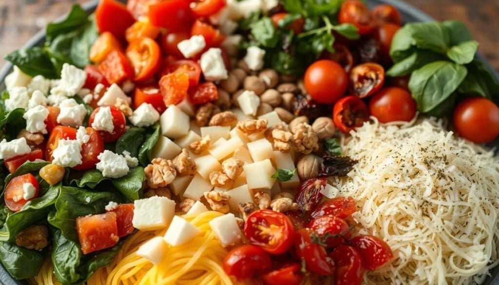 A bountiful arrangement of creative spaghetti squash toppings, meticulously captured in a soft, natural light. In the foreground, an assortment of vibrant ingredients including sautéed spinach, diced tomatoes, crumbled feta, chopped walnuts, and freshly grated parmesan. The middle ground features roasted garlic cloves, slivered sun-dried tomatoes, and a sprinkle of fragrant dried herbs. The background subtly hints at a rustic wooden surface, allowing the colors and textures of the toppings to take center stage. The overall mood is one of culinary inspiration, enticing the viewer to explore the endless possibilities of transforming a simple spaghetti squash into a gourmet delight.