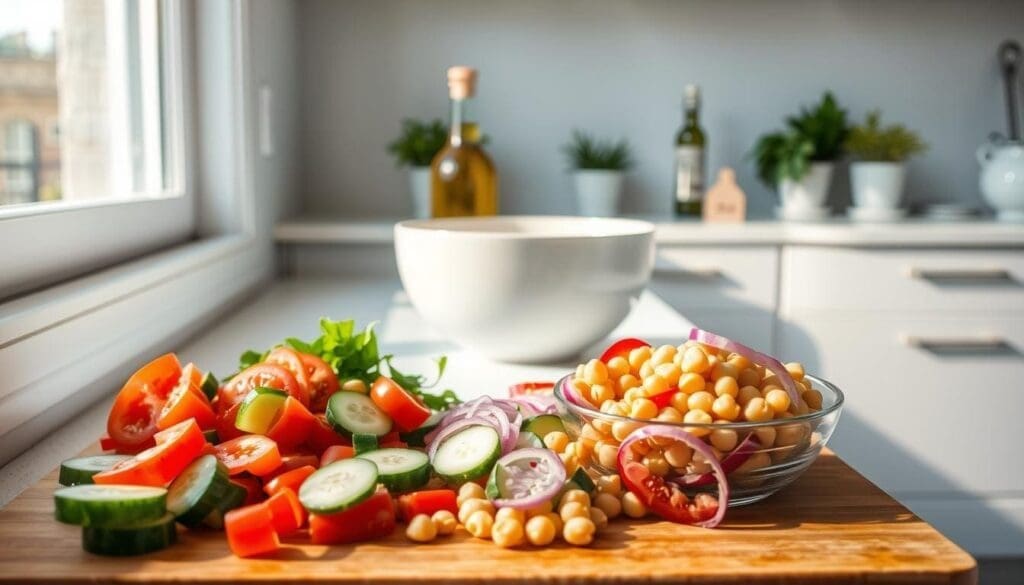A bright, airy kitchen counter, bathed in natural light from a large window. In the foreground, a wooden cutting board holds an array of freshly chopped vegetables - crisp cucumber slices, juicy tomato wedges, and vibrant red onion rings. A bowl of drained and rinsed chickpeas sits nearby, ready to be added to the salad. In the middle ground, a large mixing bowl waits, flanked by a bottle of olive oil and a zester for fresh lemon zest. The background features a clean, minimal aesthetic, with a few potted herbs adding a touch of greenery. The overall mood is calm, clean, and inviting, reflecting the healthy, Mediterranean-inspired nature of the chickpea salad preparation.