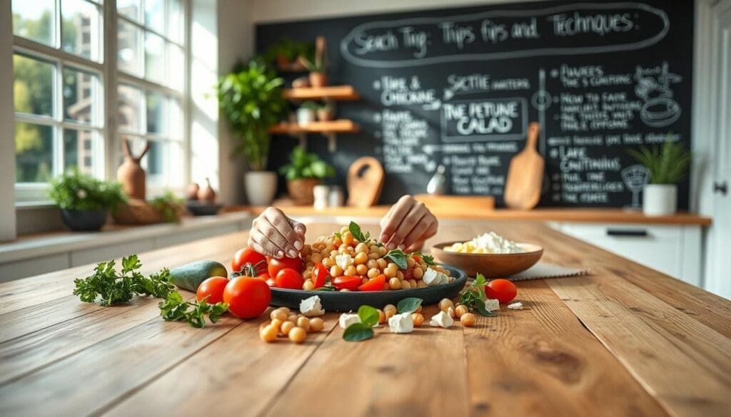 A bright, airy kitchen setting with a large wooden table in the foreground. On the table, a chef's hands delicately arranging fresh ingredients for a Mediterranean chickpea salad - vibrant tomatoes, crisp cucumbers, fragrant herbs, and creamy feta cheese. The background features a large window flooding the scene with natural light, and a chalkboard wall displaying tips and techniques for assembling the perfect chef's salad. The overall mood is one of culinary expertise, healthy living, and Mediterranean inspiration.