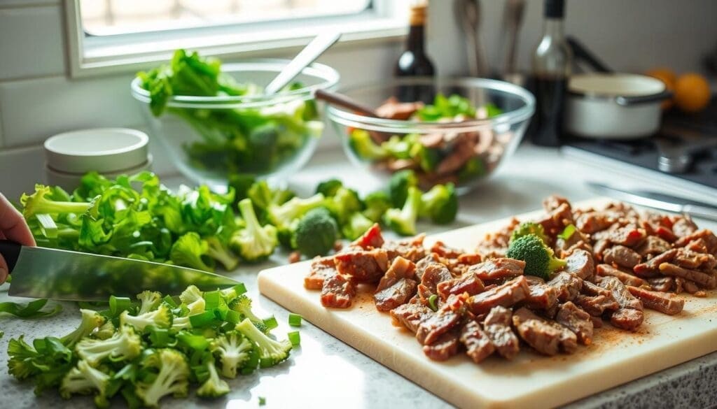 A bright, well-lit kitchen countertop showcases a variety of meal prep techniques. In the foreground, fresh vegetables are being chopped with precision using a sharp chef's knife. Nearby, a cutting board displays an array of seasoned and marinated beef strips, ready for a sizzling stir-fry. In the middle ground, a large mixing bowl contains broccoli florets, neatly trimmed and prepped for quick cooking. The background features a set of measuring cups, spoons, and a bottle of soy sauce, highlighting the importance of carefully measured ingredients. The overall scene conveys a sense of organized efficiency, with each element contributing to the creation of a delicious and healthy beef and broccoli stir-fry.