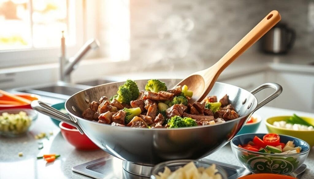 A clean, well-lit kitchen counter with a stainless steel wok in the foreground, filled with sizzling beef, broccoli, and aromatic vegetables. Chopped ingredients in colorful bowls surround the wok, ready to be added in sequence. A wooden spatula is poised to stir the mixture, capturing the dynamic motion of the stir-fry process. Bright natural light streams in from a window, casting a warm glow on the scene. The overall atmosphere is one of focused preparation and anticipation for a delicious, home-cooked meal.