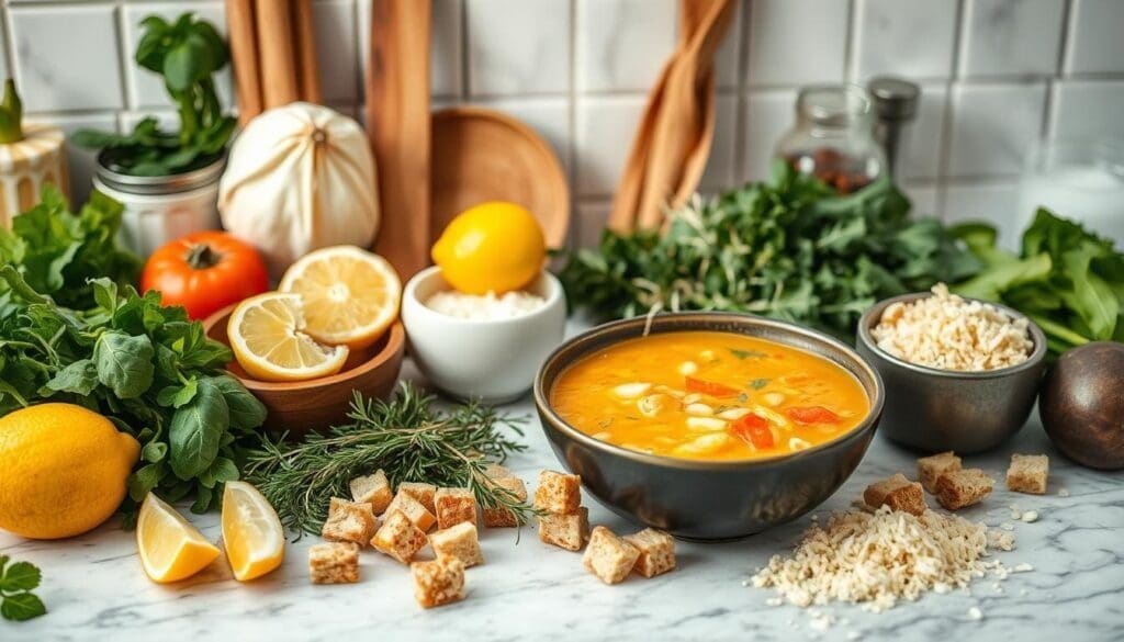 A cozy kitchen counter with an array of fresh vegetables, herbs, and spices arranged artfully. In the center, a steaming bowl of rich, golden chicken and vegetable soup, inviting customization. Surrounding the soup, an assortment of add-ins - crisp croutons, tangy lemon wedges, fragrant thyme sprigs, crunchy croutons, and zesty grated parmesan. Soft, natural lighting illuminates the scene, highlighting the vibrant colors and textures. The overall mood is warm, inviting, and inspirational, encouraging the viewer to experiment and personalize their soup creation.