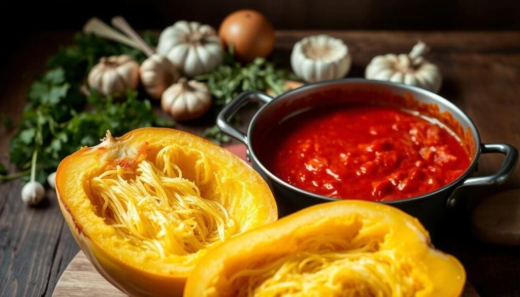 A meticulously crafted step-by-step guide to the spaghetti squash marinara recipe. In the foreground, a freshly baked spaghetti squash cut in half, its golden flesh exposed and ready to be transformed. In the middle ground, a simmering pot of rich, aromatic marinara sauce, its vibrant red color and glistening surface inviting. In the background, an assortment of fresh herbs, garlic, and other seasonings, hinting at the flavorful layers to come. The scene is illuminated by warm, soft lighting, casting a cozy and appetizing atmosphere. The composition is clean, balanced, and visually appealing, perfectly capturing the essence of this simple yet delicious recipe.