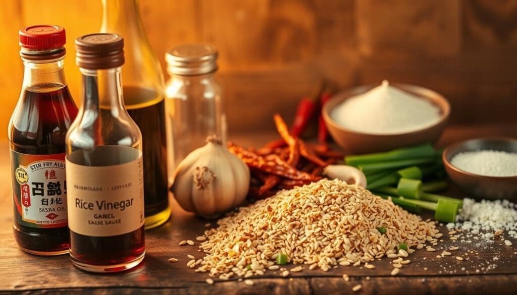 A set of various stir fry sauce ingredients artfully arranged on a rustic wooden surface, bathed in warm, golden lighting. In the foreground, glistening soy sauce, rice vinegar, and sesame oil in glass bottles. In the middle ground, a heap of freshly grated ginger, minced garlic, and a scatter of toasted sesame seeds. In the background, a sprinkling of dried red chilies, a handful of scallions, and a dusting of cornstarch. The composition exudes an air of culinary preparation, hinting at the complex flavors to be crafted in the perfect stir fry sauce.