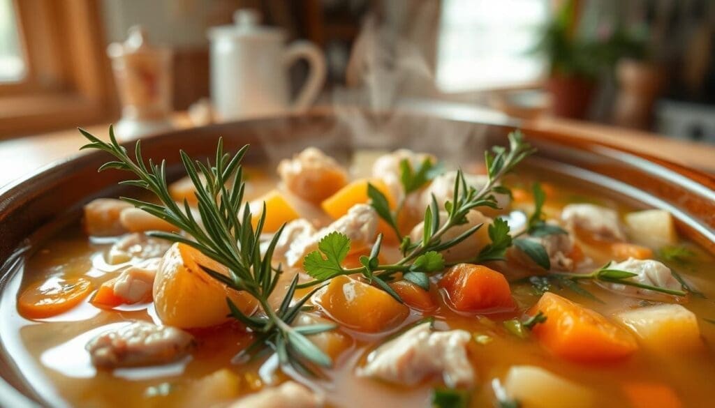A steaming bowl of chicken and vegetable soup, the surface glistening with a layer of vibrant herbs and garlic. In the foreground, fresh sprigs of rosemary, thyme, and parsley delicately float atop the broth, their verdant hues complementing the golden-brown roasted garlic cloves. The middle ground features tender chunks of chicken and diced carrots, potatoes, and celery, all simmered to perfection. The background is a warm, cozy kitchen setting, with soft natural lighting filtering through a nearby window, creating a comforting and inviting atmosphere.