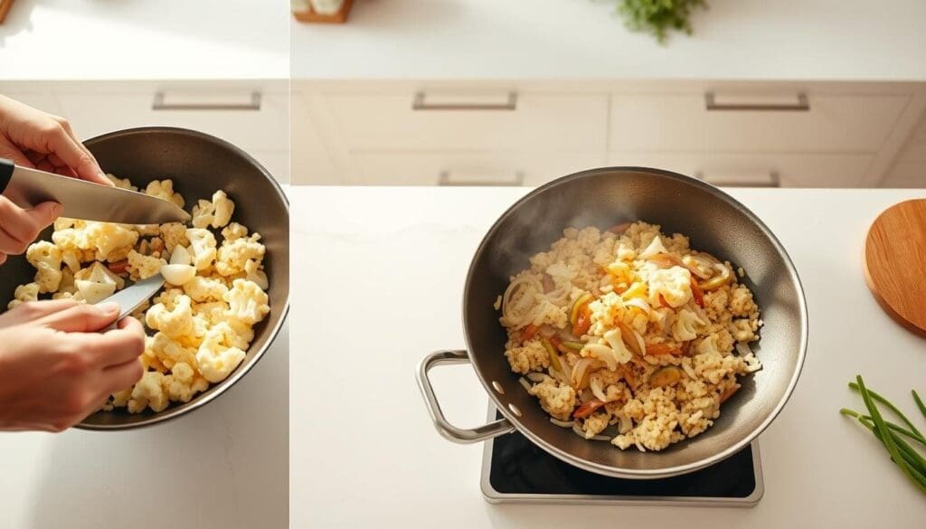 A step-by-step cooking process for a delectable cauliflower fried rice dish. The camera captures a series of cooking stages from a high-angle perspective. In the foreground, a chef's hands skillfully chop fresh cauliflower florets, onions, and garlic. The middle ground showcases a sizzling wok, with ingredients being stir-fried over a bright, even flame. In the background, a clean, minimalist kitchen counter provides a pristine backdrop. Warm, natural lighting casts a soft glow, emphasizing the textures and colors of the ingredients. The overall mood is one of carefully orchestrated culinary mastery, inviting the viewer to follow along and recreate this tasty, low-carb meal.