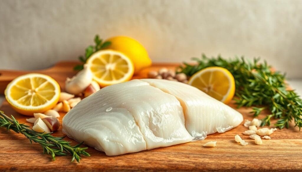 A vibrant still life showcasing the nutritional benefits of fresh cod. In the foreground, a succulent fillet of cod, its flaky white flesh glistening under warm studio lighting. Surrounding it, an arrangement of nutrient-rich accompaniments: sliced lemon wedges, minced garlic, and sprigs of fragrant herbs. In the middle ground, a wooden cutting board provides a rustic backdrop, while in the background, a neutral-toned wall creates a clean, minimalist composition. The lighting is soft and diffused, highlighting the natural textures and colors of the ingredients. The overall mood is one of health, wellness, and the delicious simplicity of high-quality seafood.