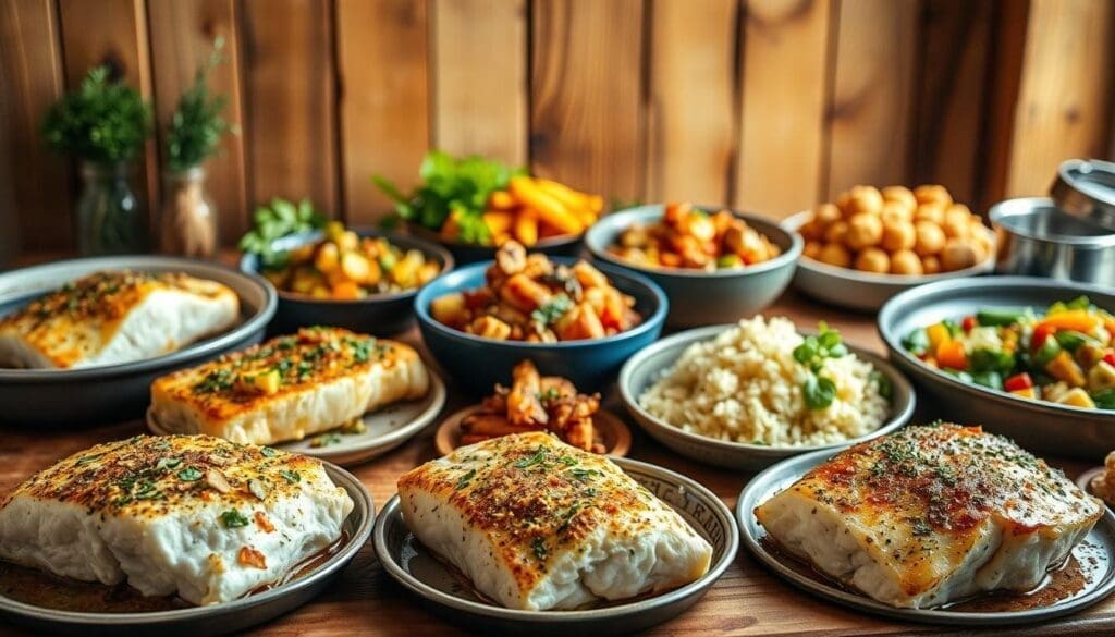 A visually stunning array of cod recipe variations, captured with a crisp, high-resolution lens in a warm, natural lighting. In the foreground, a variety of baked cod dishes, each showcasing a unique flavor profile - lemon and garlic, herb-crusted, or perhaps a zesty Mediterranean-inspired preparation. The middle ground features tempting side dishes, such as roasted vegetables, fluffy rice, or a vibrant salad, all complementing the cod. In the background, a rustic, wood-paneled kitchen setting, with a few herbs and spices adding depth and character to the scene. The overall mood is one of culinary creativity and mouthwatering appeal, inviting the viewer to explore the delicious possibilities of this versatile fish.