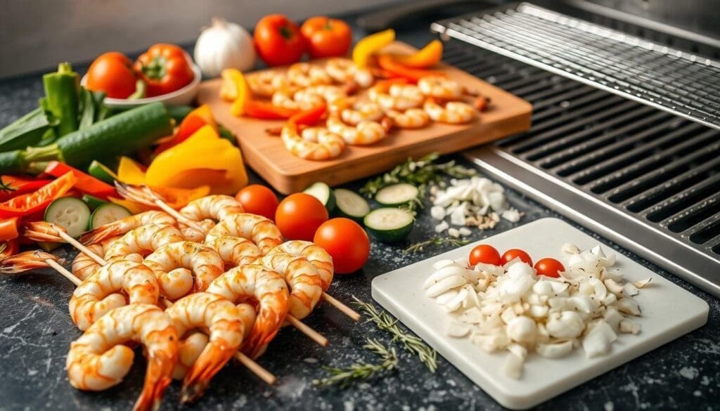 A well-lit countertop showcases an artful arrangement of fresh shrimp, vibrant vegetables, and aromatic spices. In the foreground, plump shrimp sit neatly skewered, glistening with a marinade of citrus, garlic, and herbs. Surrounding them, an array of colorful ingredients - sliced bell peppers, zucchini coins, and cherry tomatoes - await assembly. In the middle ground, a cutting board displays diced onions, minced garlic, and sprigs of fragrant rosemary and thyme. The background features a sleek, stainless steel grill, its grates ready to sear the shrimp and vegetables to perfection. The overall scene exudes a mood of fresh, summertime abundance, inviting the viewer to imagine the flavorful dish to come.