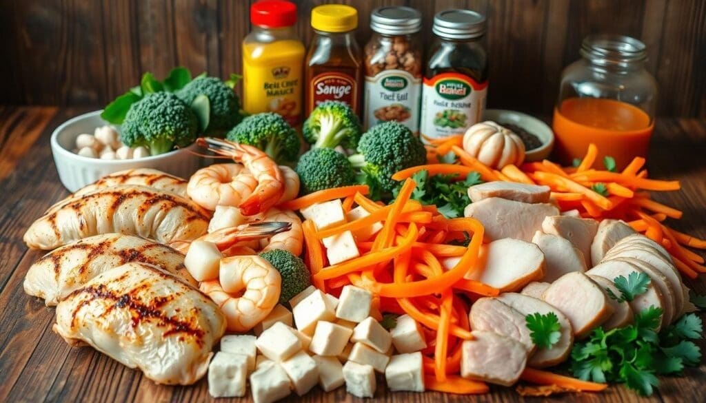 A well-lit, high-resolution image of an assortment of high-protein ingredients for a low-carb stir-fry, arranged in a visually appealing manner on a rustic wooden surface. The foreground features seared chicken breasts, juicy shrimp, crisp tofu cubes, and sliced lean pork tenderloin. The middle ground showcases a variety of fresh vegetables like broccoli florets, thinly sliced bell peppers, and julienned carrots. In the background, there are jars of sauces and seasonings, such as soy sauce, sesame oil, and crushed red pepper flakes, to customize the stir-fry. The lighting is soft and natural, highlighting the vibrant colors and textures of the ingredients, creating a mouthwatering and appetizing atmosphere.