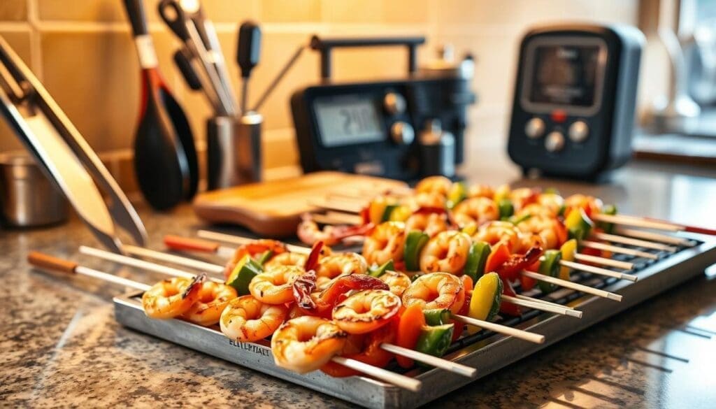 A well-lit kitchen counter with a variety of grilling tools and equipment, including tongs, a digital meat thermometer, a timer, and a set of colorful skewers. In the foreground, a carefully arranged display of shrimp and assorted vegetables, showcasing the perfect timing and techniques for even cooking on a gas or charcoal grill. The scene is bathed in warm, natural lighting, creating a inviting and appetizing atmosphere. The focus is on the various techniques and tools used to ensure perfectly grilled shrimp skewers, reflecting the "Timing and Techniques for Even Cooking" section of the article.