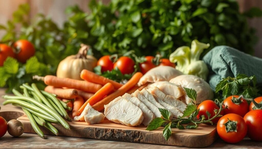 An artfully composed still life showcasing a bountiful array of fresh, vibrant vegetables and succulent chicken cuts, illuminated by soft, natural lighting. In the foreground, a rustic wooden cutting board is adorned with a variety of seasonal produce, including crisp green beans, earthy carrots, and plump, juicy tomatoes. Nestled among the vegetables, tender chicken breasts and thighs are presented in a visually appealing arrangement. The mid-ground features a backdrop of lush, verdant foliage, adding depth and a sense of natural abundance. The overall scene exudes a warm, inviting atmosphere, perfectly capturing the essence of "Gathering Fresh Ingredients and Preparation Tips" for a delectable Chicken and Vegetable Soup.