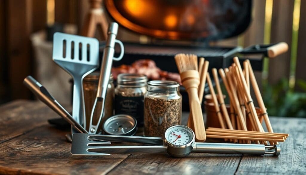 An assortment of high-quality grilling tools and equipment arranged on a rustic wooden table. In the foreground, a stainless-steel grill spatula, tongs, and a meat thermometer. In the middle ground, a ceramic spice rub jar, a basting brush, and a set of reusable bamboo skewers. In the background, a charcoal grill with an open lid, casting a warm glow and creating a cozy, outdoor cooking atmosphere. The lighting is natural, with soft shadows and highlights that emphasize the textures and materials of the tools. The overall scene conveys a sense of preparedness and enthusiasm for the art of grilling.