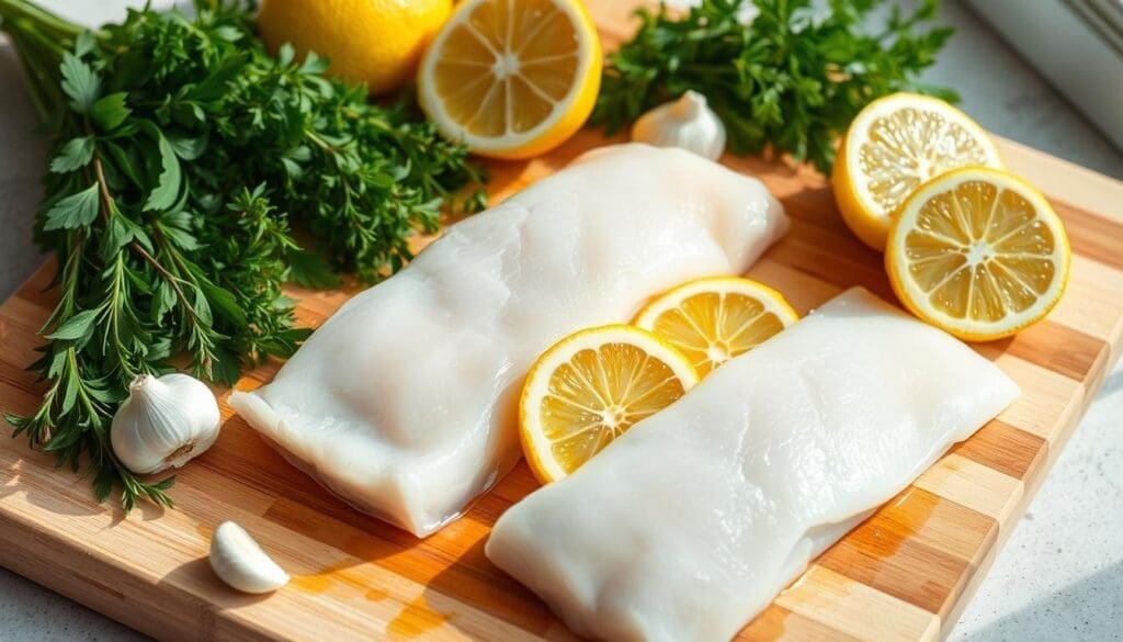 Baked cod ingredients preparation: a pristine wooden cutting board showcases an array of fresh ingredients - plump cod fillets, vibrant lemon slices, fragrant garlic cloves, and sprigs of verdant herbs. The natural light filters in, casting a warm, inviting glow on the scene. The composition is balanced, with the cod as the focal point, surrounded by the supporting cast of aromatic elements. The overall mood is one of culinary anticipation, as if the viewer is about to embark on the creation of a delectable, lemon-garlic baked cod dish.