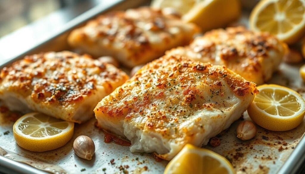 Baked cod tips, golden and flaky, resting on a crisp sheet pan. Vibrant lemon wedges and fragrant garlic cloves accent the succulent fish. Soft natural light filters through, casting a warm glow. The scene invites the viewer to imagine the satisfying crunch and zesty flavor of this delectable dish. A close-up perspective highlights the intricate texture and color contrasts, enticing the senses. The overall mood is one of rustic elegance, showcasing the simple yet sophisticated nature of this culinary delight.