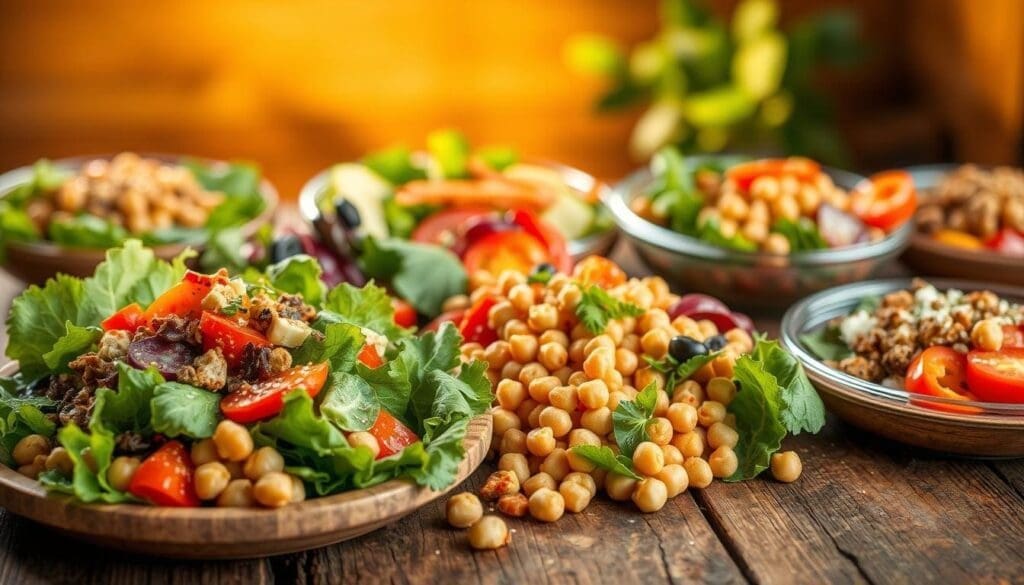 Delectable meal prep salad variations in a Mediterranean-inspired spread. A selection of fresh leafy greens, vibrant vegetables, protein-rich chickpeas, and tantalizing garnishes arrayed across a rustic wooden table. Warm, golden lighting casts a natural glow, highlighting the textures and colors. Shallow depth of field brings the foreground into focus, while the background fades into a softly blurred backdrop, creating a sense of inviting simplicity. The scene evokes a feeling of wholesome, nourishing culinary delight, perfect for showcasing creative salad ideas.