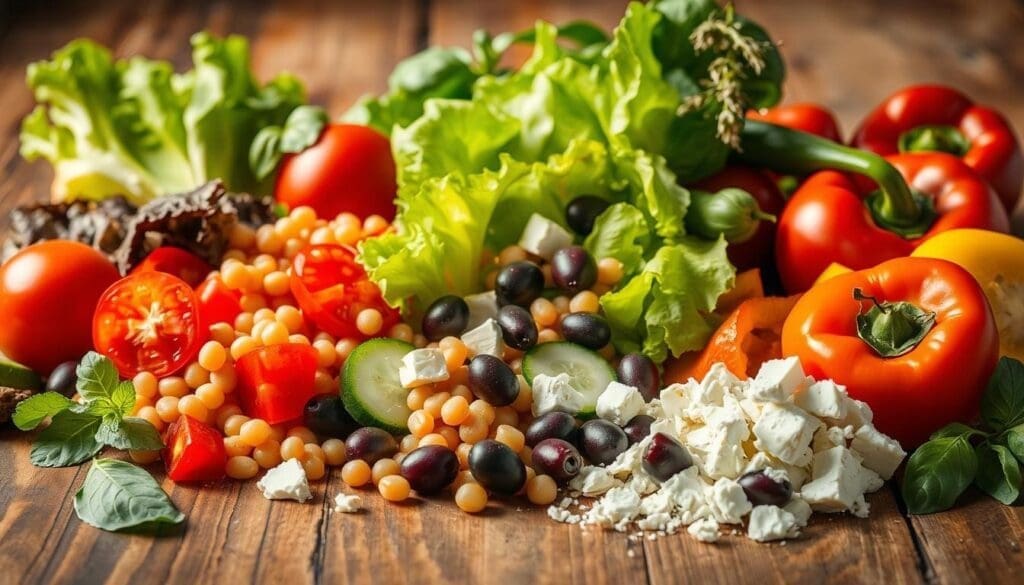 Fresh seasonal salad ingredients displayed on a rustic wooden table, illuminated by warm, natural lighting. In the foreground, an assortment of vibrant vegetables - crisp romaine lettuce, juicy tomatoes, crunchy cucumber slices, and colorful bell peppers. In the middle ground, a scattering of garbanzo beans, kalamata olives, and crumbled feta cheese. In the background, a few sprigs of fresh herbs, such as basil and oregano, adding aromatic accents. The composition emphasizes the freshness, quality, and Mediterranean-inspired flavors of the salad ingredients, creating an appetizing and visually appealing scene.